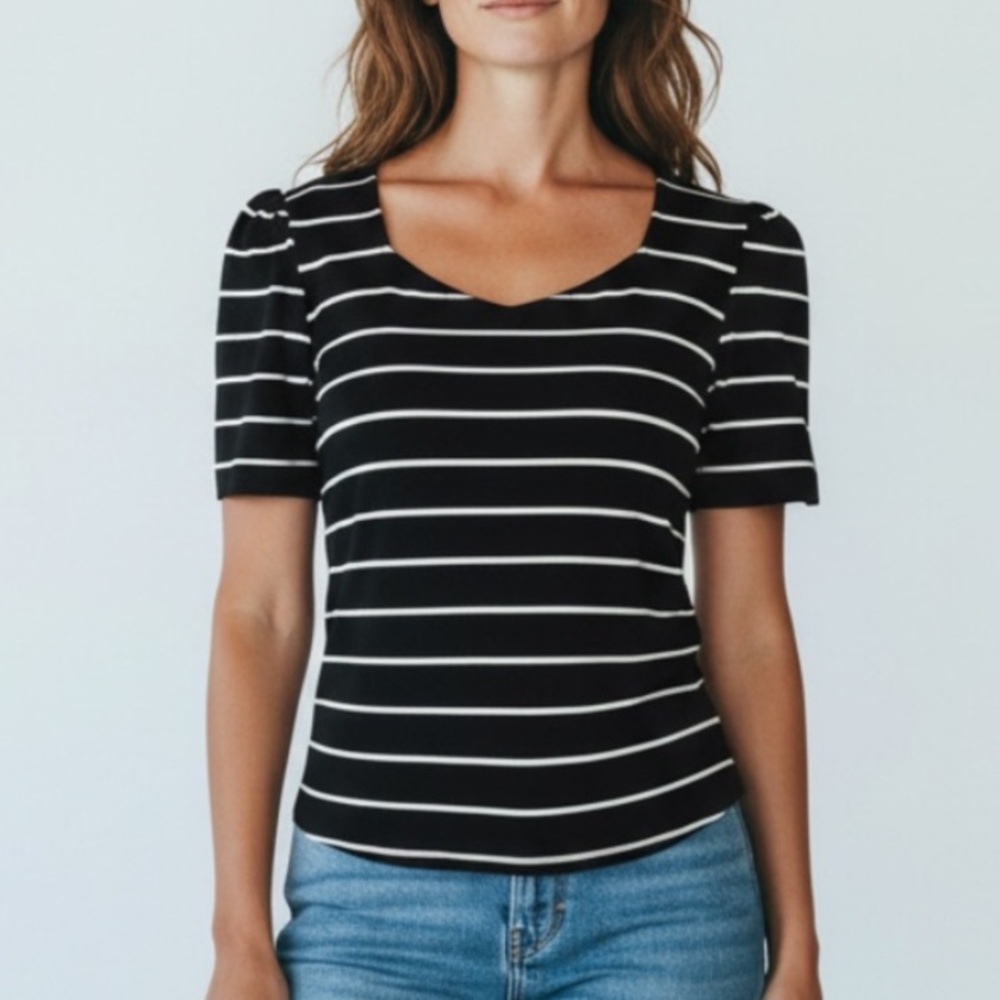 Worthington Petite Black White Striped Sweetheart Neck Puff Sleeve Top PM